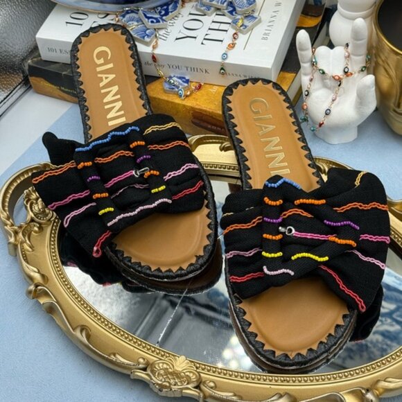 🆕 GIANNI BINI 🧿 NWOB JaxsonTwo Black & Rainbow Striped Linen Slide Sandal, Sz6 - Picture 5 of 15
